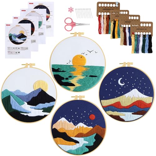 UXORSN 4 Sets Stickset für Anfänger Landschafts Stickerei Set mit Berg Sonne Mond Muster Sticken Set für Erwachsene Embroidery Starter Kit Kreuzstich Kit mit Stickrahmen Stoffnadeln Fäden Anleitung von UXORSN