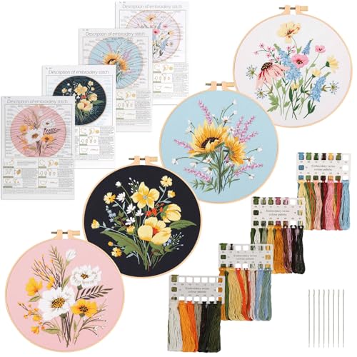 UXORSN 4 Stück Stickerei Set für Anfänger Blumenmuster Pflanzen Sticken Set Erwachsene Kreuzstich Starter Kit Anleitung Farbfäden und Werkzeuge Kunststoff Stickrahmen DIY Kunst Handwerk von UXORSN