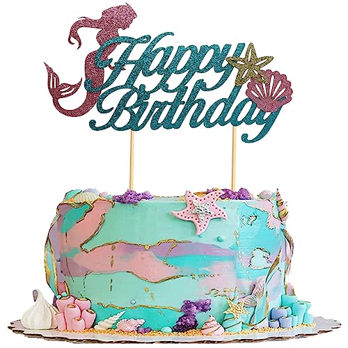 UXYOKM Meerjungfrau Kuchen Topper Glitzer Happy Birthday Kuchen Topper für Unter dem Meer Party Meerjungfrau Thema Party Baby Shower Kuchen Dekoration Supplies von UXYOKM