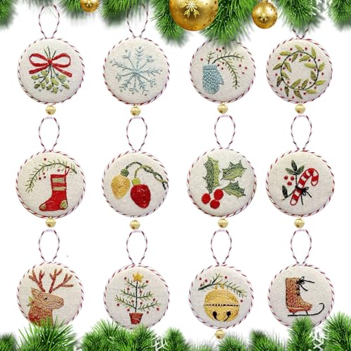 UYOE Stickerei Set Erwachsene Anfänger, Weihnachtenmuster Kreuzstich Kit Starter Tools, 12 Mini-Weihnachtsmuster-Sticksets mit Stickrahmen,Farbfäden Leitfaden und Werkzeuge (Stil B (12)) von UYOE