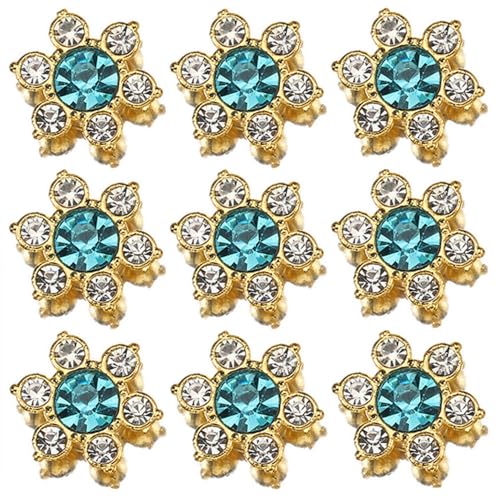 100 Stück 13 mm Blumen-Strasssteine, flache Rückseite, Glassteine zum Basteln, Goldbasis, Dekorationen für Bastelarbeiten, Schmuckherstellung, Bekleidungszubehör (10 Seeblau) von UYTRDVG