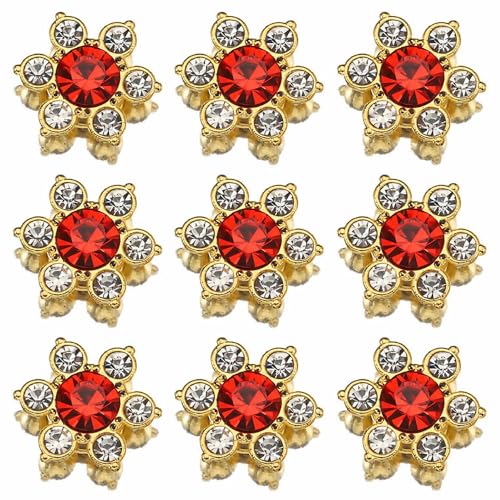 100 Stück 13 mm Blumen-Strasssteine, flache Rückseite, Glassteine zum Basteln, Goldbasis, Dekorationen für Bastelarbeiten, Schmuckherstellung, Kleidungszubehör (03 Rot) von UYTRDVG