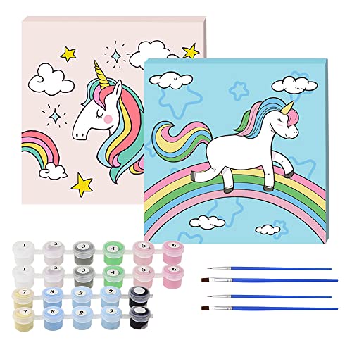 UYUYong 2 Stück Einhorn Malen Nach Zahlen Kinder ab 5 6 7 8 9 10+ Jahre Mädchen 20 * 20 cm Holz Einhorn Geschenke Digitale Ölmalerei mit Pigmenten Bastelset für Jungen Mädchen Malen Anfänger von UYUYong