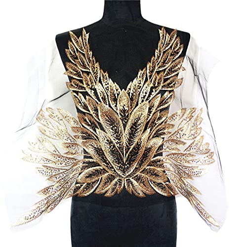 UZAMIRLEX Spitzenapplikation Stickerei Blume 57 cm Gold Pailletten Feder Blätter Schwarz Mesh Spitze Borte Nähen Auf Patches Stickerei for Hochzeit Applikationen Dekoration von UZAMIRLEX