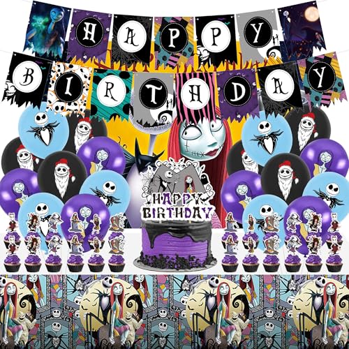 Halloween-Motto-Party-Dekoration, Geister-Party-Zubehör, Dekorationen inklusive Hintergrund, Tischdecke, Happy Birthday-Banner, Kuchendekoration, Cupcake-Topper und Luftballons für von UZPMM