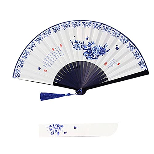 UZQFSGXA Handfächer, Faltbarer Fächer, Handgefertigte Chinesische Fächer, Blumenseidenfächer Im Literarischen Stil Mit Quaste, Blaue Handfächer, Elegante Bambusfächer Für Tanzpartys, Hochzeitsgeschen von UZQFSGXA