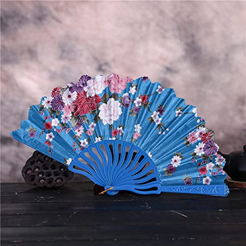 UZQFSGXA Handfächer faltbar, 2 Stück, ästhetische Blume, orientalischer Stoff, blau, Handfächer, Elegante handgefertigte chinesische Seidenfächer, Faltbarer Fächer für Tanzpartys, Hochzeiten, Heimdek von UZQFSGXA