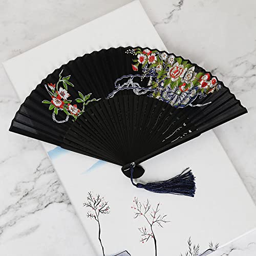 UZQFSGXA Handfächer für Damen, faltbar, Schwarze Seidenfächer, kreativer Blumen-Bambusfächer mit marineblauer Quaste, handgefertigte chinesische Fächer, eleganter handlicher Faltfächer für Tanzpartys von UZQFSGXA