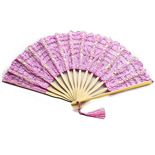 UZQFSGXA Handfächer für Damen, faltbar, Spitzen-Handfächer, faltbar, Elegante rosa Bambusfächer mit Quaste, großer chinesischer Fächer, exquisiter handgefertigter Faltfächer für Tanzpartys, Hochzeits von UZQFSGXA