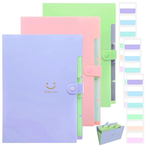 UZSUZZ 3 Pack Expanding File Folders, Accordion Document Organizer with Labels, File Organizer, A4 File Organizer Plastic Folders with 5 Pockets and 3 Sheets Sticky Labels, for School Office Home von UZSUZZ