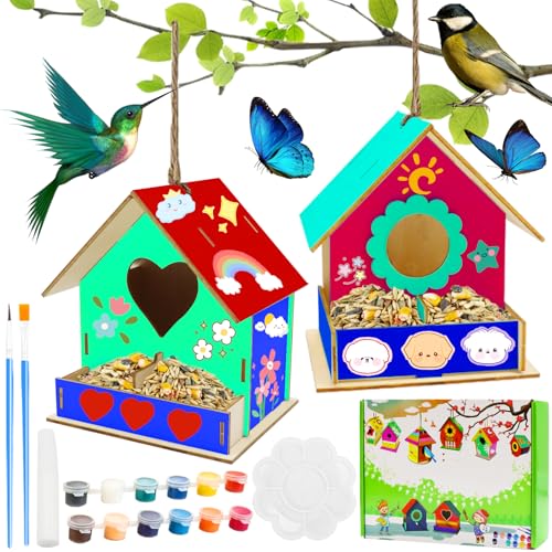 UZSUZZ DIY Vogelhaus Bausatz für Kinder, 2 Stück 3D Set Holz Vogelhaus Basteln für Kinder zu Bauen und Malen, Vogelfutter Bastelset Kinder, Geschenke für Mädchen Jungen Kleinkinder von UZSUZZ