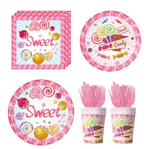 Candy Party Tableware Candyland Birthday Party Decorations Set 80 Pcs Sweets Party Tableware Includes Paper Plates Cups Napkins and Spoons for Birthday Party Lollipop Themed Party Decor(10 Guests) von UZSXHJ
