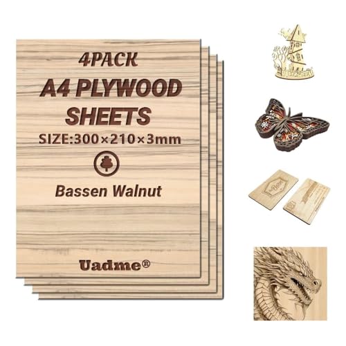 Uadme Sperrholzplatte 3mm A4, Bassen Walnussholz Holzplatte, 4 Stück Unbehandeltes Holz für Lasergravur, CNC-Schneiden, Bastelmalerei, Modellierung, Gravierte Heimdekoration von Uadme