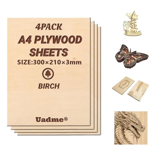 Uadme Sperrholzplatte 3mm A4, Birkenholz Holzplatte, 4 Stück Unbehandeltes Holz für Lasergravur, CNC-Schneiden, Bastelmalerei, Modellierung, Gravierte Heimdekoration von Uadme