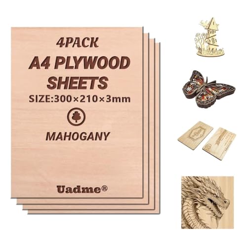 Uadme Sperrholzplatte 3mm A4, Mahagoni Holzplatte, 4 Stück Unbehandeltes Holz für Lasergravur, CNC-Schneiden, Bastelmalerei, Modellierung, Gravierte Heimdekoration von Uadme