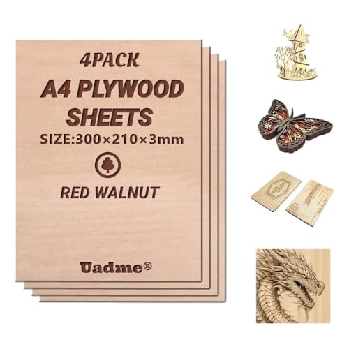 Uadme Sperrholzplatte 3mm A4, Rot Walnussholz Holzplatte, 4 Stück Unbehandeltes Holz für Lasergravur, CNC-Schneiden, Bastelmalerei, Modellierung, Gravierte Heimdekoration von Uadme