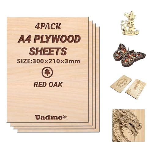 Uadme Sperrholzplatte 3mm A4, Roteiche Holzplatte, 4 Stück Unbehandeltes Holz für Lasergravur, CNC-Schneiden, Bastelmalerei, Modellierung, Gravierte Heimdekoration von Uadme