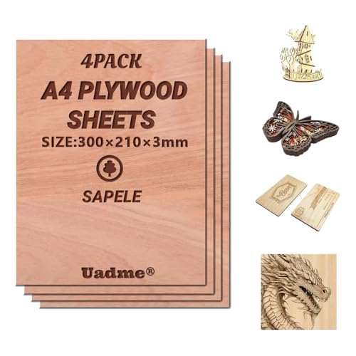 Uadme Sperrholzplatte 3mm A4, Sapeliholz Holzplatte, 4 Stück Unbehandeltes Holz für Lasergravur, CNC-Schneiden, Bastelmalerei, Modellierung, Gravierte Heimdekoration von Uadme