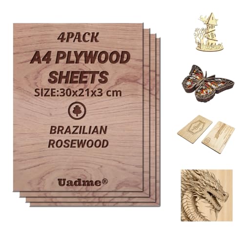 Uadme Sperrholzplatte 3mm A4, Brasilianisches Palisander Holzplatte, 4 Stück Unbehandeltes Holz für Lasergravur, CNC-Schneiden, Bastelmalerei, Modellierung, Gravierte Heimdekoration von Uadme