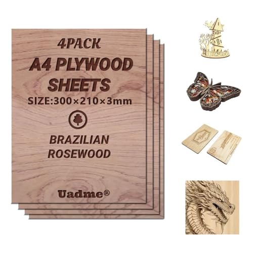 Uadme Sperrholzplatte 3mm A4, Brasilianisches Palisander Holzplatte, 4 Stück Unbehandeltes Holz für Lasergravur, CNC-Schneiden, Bastelmalerei, Modellierung, Gravierte Heimdekoration von Uadme