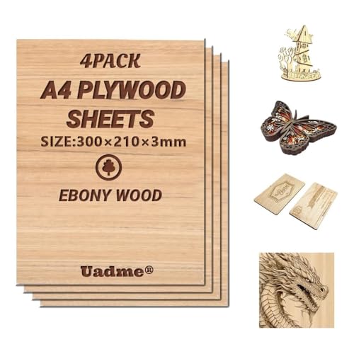 Uadme Sperrholzplatte 3mm A4, Ebenholz Holzplatte, 4 Stück Unbehandeltes Holz für Lasergravur, CNC-Schneiden, Bastelmalerei, Modellierung, Gravierte Heimdekoration von Uadme