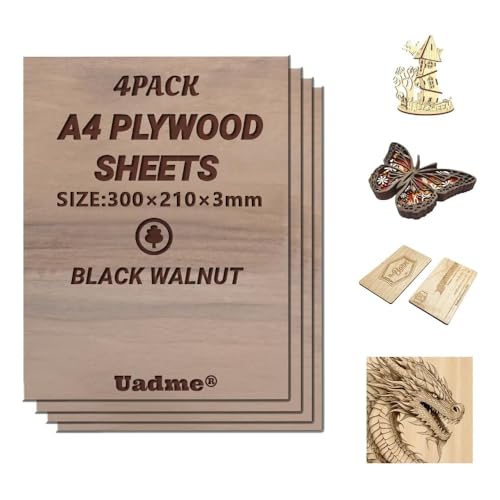 Uadme Sperrholzplatte 3mm A4, Schwarz Walnuss Holzplatte, 4 Stück Unbehandeltes Holz für Lasergravur, CNC-Schneiden, Bastelmalerei, Modellierung, Gravierte Heimdekoration von Uadme