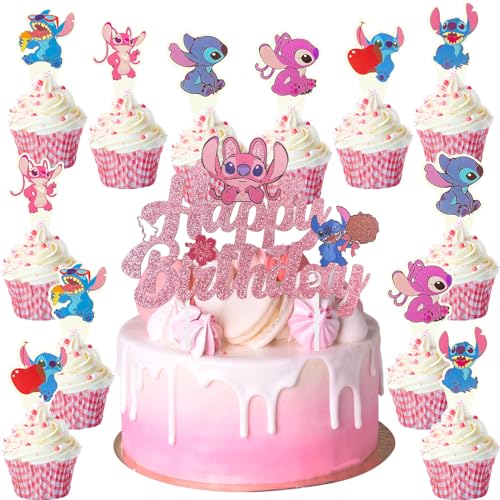 25 StüCk Stitch Tortendeko, Stitch Tortenaufleger, Lilo Und Stitch Geburtstag Deko, Stitch Party Cake Decoration Supplies for Kids Tortendeko Stitch Kuchen Deko (Rosa) von Ubephant