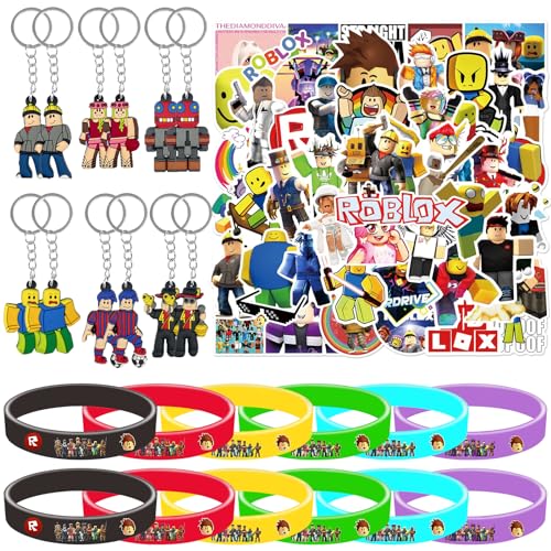 Roblox Party Mitgebsel, Roblox Geburtstagkinder Deko, Ubephant 74Pcs Aufkleber Schlüsselanhänger Armband für Geschenktüten Füllstoffe Geburtstags Geschenke Party Geschenke Roblox Party Tüten Geschenke von Ubephant