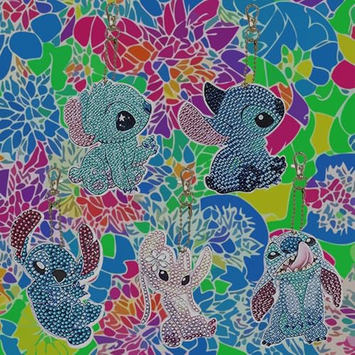 Ubephant Stitch Diamond Painting Set, DIY Schlüsselanhänger 5Pcs, Stitch Anhänger Schlüsselanhänger 5D Diamond Painting Kunsthandwerk Kinder Schlüsselanhänger Geschenke für Mädchen Fans von Ubephant