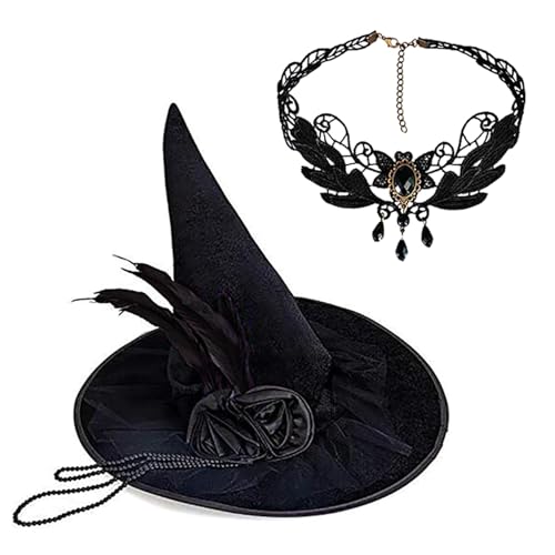 Ubxvamm Hexenhut und Strass Halskette Set Damen Halloween Hut Rosen Deko Hut für Mottoparty und Feier von Ubxvamm