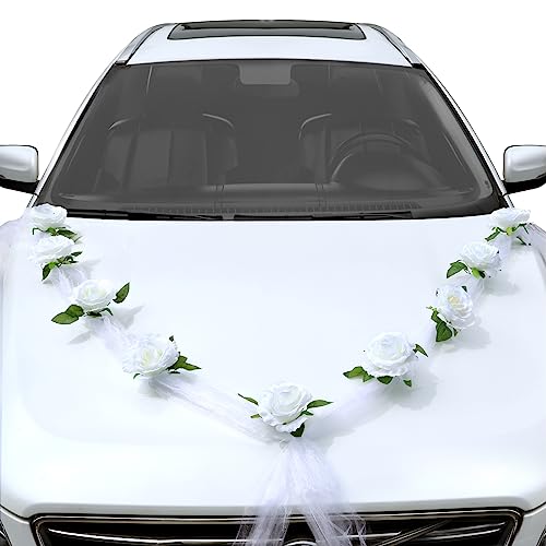 Ucouper Autoschmuck Hochzeit Motorhaube Hochzeitsschmuck Girlande Rosen Blumen Braut Paar Wedding Autodeko Hochzeitsdeko Auto Deko Car Hochzeit Party (Weiß) von Ucouper