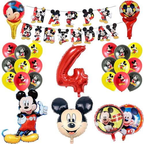 UdacA Geburtstag Deko 4 Jahre Folienballon Set, 24 Stück Cartoon Maus Kindergeburtstag Ballons mit Happy Birthday Banner für Kindergeburtstag Deko 4. Geburtstag von UdacA