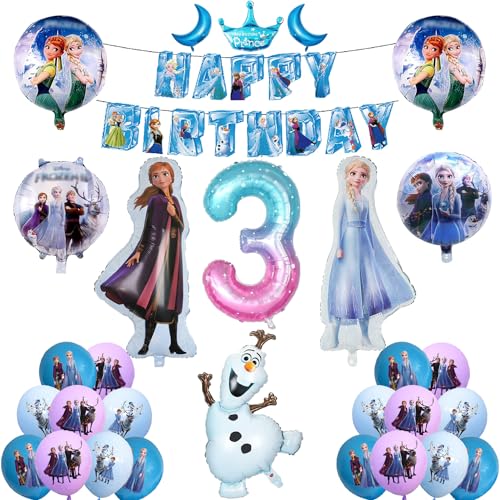 UdacA Gefrorene Geburtstagsdeko, 25 Stück Frozen Balloon Deko, Elsa geburtstagsparty Deko mit Happy Birthday Banner für Kindergeburtstag Deko 3. Geburtstag von UdacA