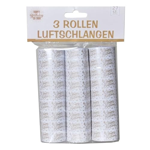 Luftschlangen Happy Birthday weiß gold, 3 Rollen von Sattie