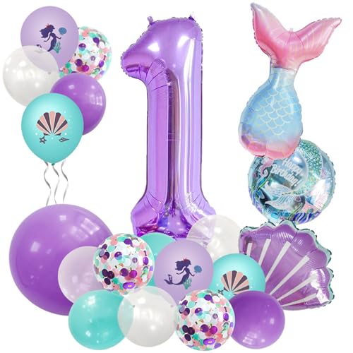 21PCS Geburtstagsdeko, Lila Meerjungfrau Geburtstag Deko, Mädchen Luftballon, Kindergeburtstag Luftballons, Deko Geburtstag Balloons, für Kindergeburtstag Party Deko (1 Jahr) von Ueiwffzo