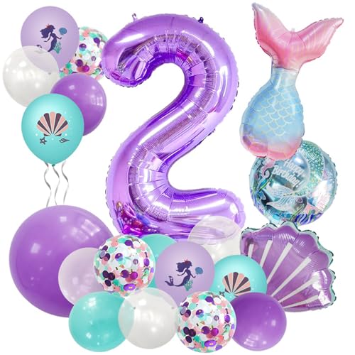 21PCS Geburtstagsdeko, Lila Meerjungfrau Geburtstag Deko, Mädchen Luftballon, Kindergeburtstag Luftballons, Deko Geburtstag Balloons, für Kindergeburtstag Party Deko (2 Jahr) von Ueiwffzo