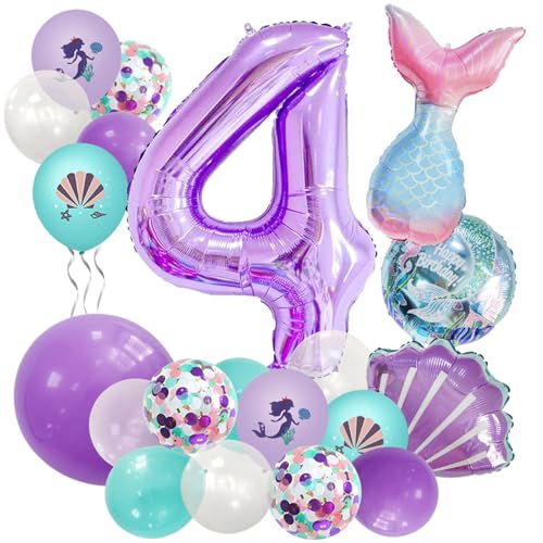 21PCS Geburtstagsdeko, Lila Meerjungfrau Geburtstag Deko, Mädchen Luftballon, Kindergeburtstag Luftballons, Deko Geburtstag Balloons, für Kindergeburtstag Party Deko (4 Jahr) von Ueiwffzo