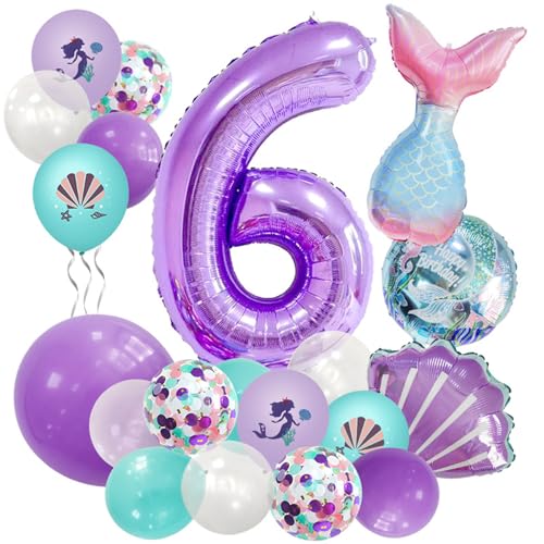 21PCS Geburtstagsdeko, Lila Meerjungfrau Geburtstag Deko, Mädchen Luftballon, Kindergeburtstag Luftballons, Deko Geburtstag Balloons, für Kindergeburtstag Party Deko (6 Jahr) von Ueiwffzo