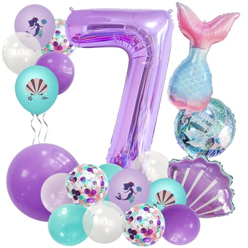 21PCS Geburtstagsdeko, Lila Meerjungfrau Geburtstag Deko, Mädchen Luftballon, Kindergeburtstag Luftballons, Deko Geburtstag Balloons, für Kindergeburtstag Party Deko (7 Jahr) von Ueiwffzo