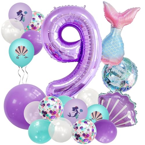 21PCS Geburtstagsdeko, Lila Meerjungfrau Geburtstag Deko, Mädchen Luftballon, Kindergeburtstag Luftballons, Deko Geburtstag Balloons, für Kindergeburtstag Party Deko (9 Jahr) von Ueiwffzo