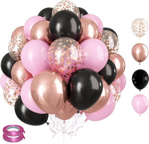 Luftballons Set 60 Stück 12 Zoll Helium Ballons mit 2 Rollen Band für Geburtstag, Valentinstag, Jubiläum, Verlobungsdeko, Brautparty, Hochzeitsdeko, Party Dekoration (Rosa Schwarz) von Ueiwffzo