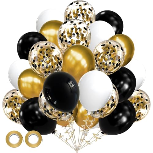 Luftballons Set 60 Stück 12 Zoll Helium Ballons mit 2 Rollen Band für Geburtstag, Valentinstag, Jubiläum, Verlobungsdeko, Brautparty, Hochzeitsdeko, Party Dekoration (Schwarz Gold) von Ueiwffzo