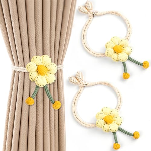 Ueiwffzo 2 PCS Vorhang Raffhalter, Blumen Gardinenhalter Kinderzimmer Mädchen Gardinenclips Blume Babyzimmer Dekor Vorhang Ringe Vorhanghalter (Gelb) von Ueiwffzo