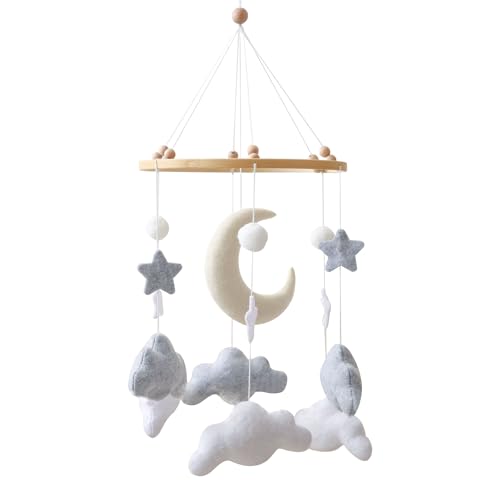 Ueiwffzo 3D Wolken Mobiles Baby, Babybett Mobile Hölz, Mond Filz Windspiele Baby Mobile Wickeltisch Anhänger Baby Für Neugeborene Geschenk Jungen Mädchen Kinderwagen Charms (Grau) von Ueiwffzo