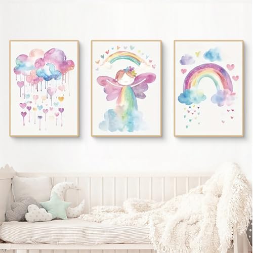 Ueiwffzo 3er Regenbogen Bilder Kinderzimmer Mädchen, Wolken Poster Set Leinwand Bilder Ohne Rahmen Wandbilder Babyzimmer Deko, Wandposter Wanddeko (30x40cm) von Ueiwffzo