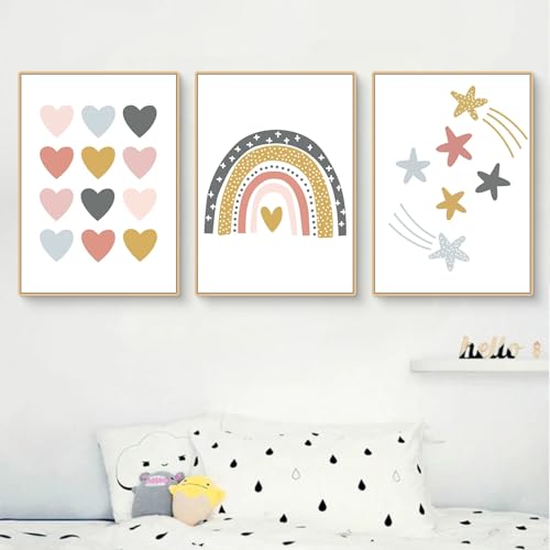 Ueiwffzo 3er Set Bilder Kinderzimmer Poster Regenbogen Herzen und Stern Bilder Set, Wandposter Bilder Babyzimmer Bilder Kinderzimmer Deko, Ohne Rahmen (40x50cm) von Ueiwffzo