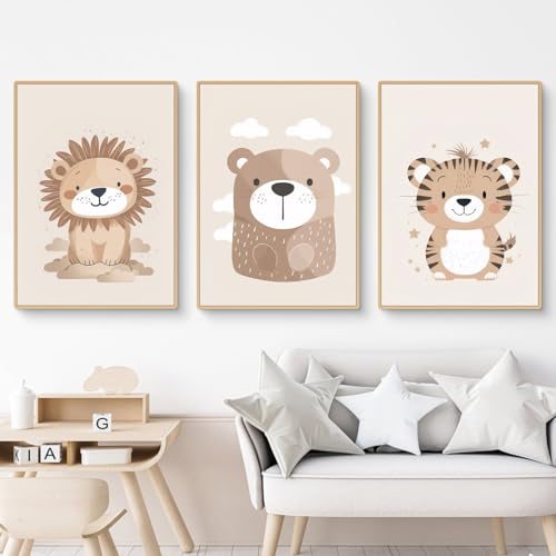 Ueiwffzo 3er Set Poster Bilder Kinderzimmer Dschungel Tiere Bilder, Babyzimmer Deko Leinwand Bilder Boho Wandbilder, Wandposter Kinderzimmer, Ohne Rahmen (30x40cm) von Ueiwffzo