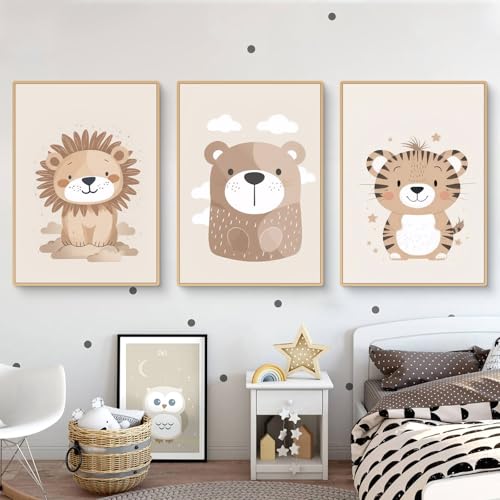 Ueiwffzo 3er Set Poster Bilder Kinderzimmer Dschungel Tiere Bilder, Babyzimmer Deko Leinwand Bilder Boho Wandbilder, Wandposter Kinderzimmer, Ohne Rahmen (40x50cm) von Ueiwffzo