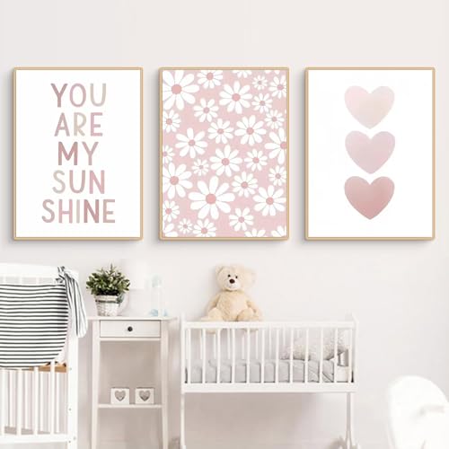 Ueiwffzo 3er Set Poster Bilder Kinderzimmer Rosa Regenbogen Gänseblümchen Bilder, Rosa Poster & Kunstdrucke, Bilder Leinwand Mädchen Kinderzimmer Deko, Ohne Rahmen (A,21X30cm) von Ueiwffzo