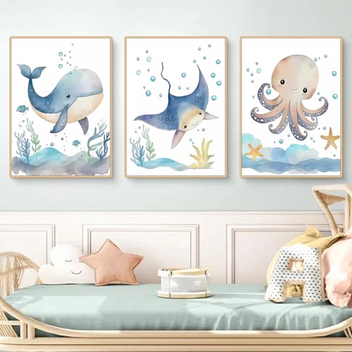 Ueiwffzo 3er Set Poster Bilder Kinderzimmer ohne Rahmen, Niedliche Cartoon Meerestiere Wandbilder, Dekorative Wanddeko Posters für Babyzimmer Kinderzimmer Deko (A,30 x 40 cm) von Ueiwffzo